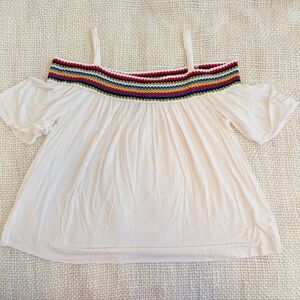 White Off-Shoulder Top with Multicolor Trim